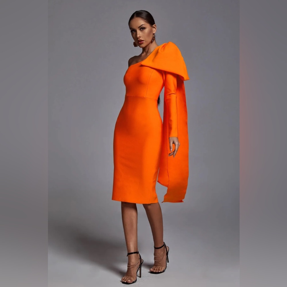 Long Bow Topped Draped Cap Sleeve Orange One Shoulder Bandage Dress
